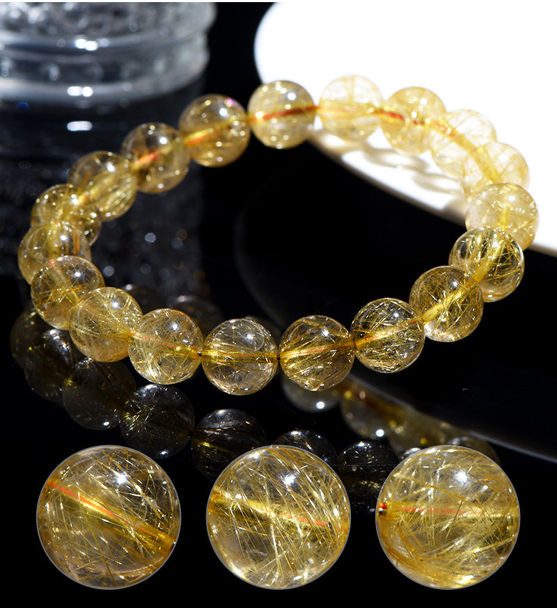 Jiuya Crystal Natural Golden Rutile Quartz Round Bead Bracelet Yellow Rutile Quartz Loose Beads Bracelet Matching Beads Factory Direct Sale