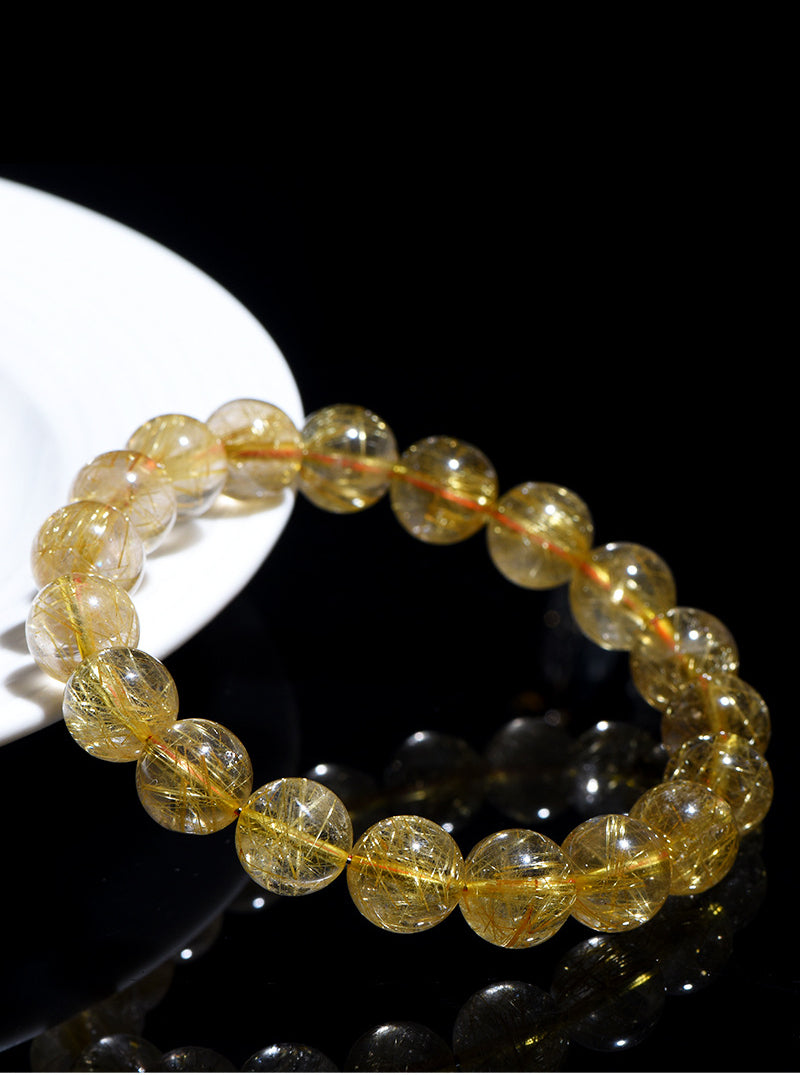 Jiuya Crystal Natural Golden Rutile Quartz Round Bead Bracelet Yellow Rutile Quartz Loose Beads Bracelet Matching Beads Factory Direct Sale