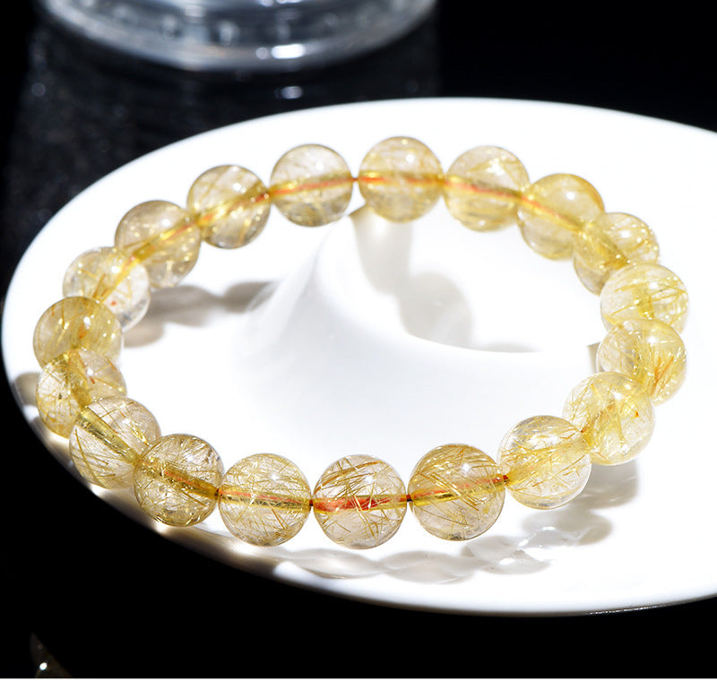 Jiuya Crystal Natural Golden Rutile Quartz Round Bead Bracelet Yellow Rutile Quartz Loose Beads Bracelet Matching Beads Factory Direct Sale