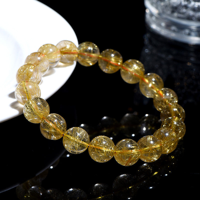 Jiuya Crystal Natural Golden Rutile Quartz Round Bead Bracelet Yellow Rutile Quartz Loose Beads Bracelet Matching Beads Factory Direct Sale