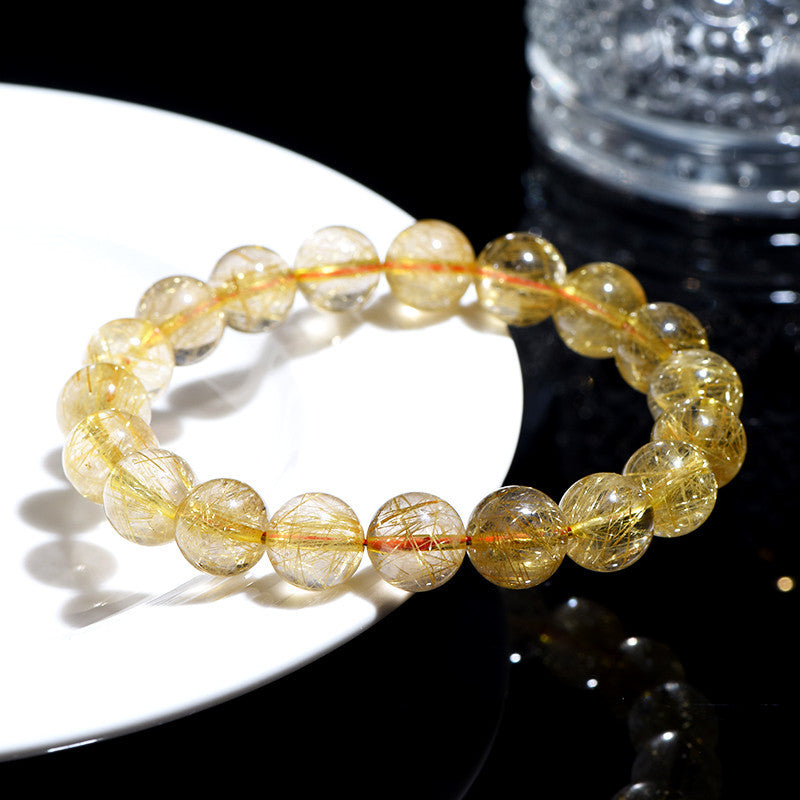 Jiuya Crystal Natural Golden Rutile Quartz Round Bead Bracelet Yellow Rutile Quartz Loose Beads Bracelet Matching Beads Factory Direct Sale