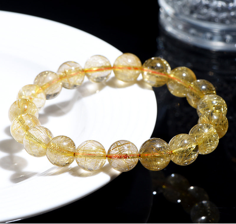 Jiuya Crystal Natural Golden Rutile Quartz Round Bead Bracelet Yellow Rutile Quartz Loose Beads Bracelet Matching Beads Factory Direct Sale